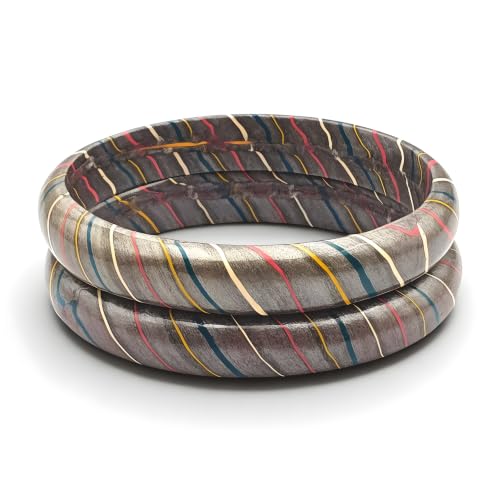 Image of Traditional Rajasthani Lac Bangles for Women and Girls, Jaipuri Lahariya Design Lakh Lah Kada, Multicolor Striped Pattern, Red Green Maroon Sky Blue Pink Purple Yellow Grey Set of 2