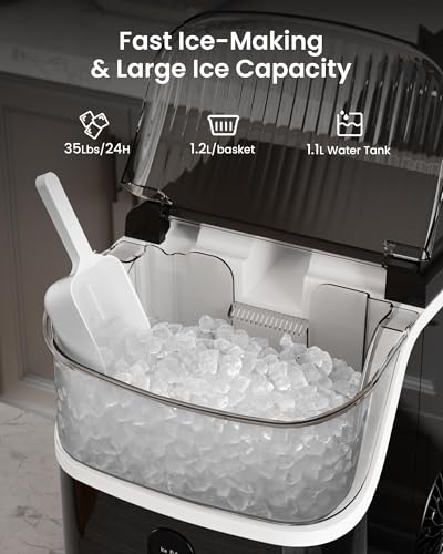 Kismile Nugget Ice Maker Countertop,35Lbs/24H Pellet Ice Machine with Chewable Ice,Self-Cleaning Pebble Ice Maker with Ice Scoop,One-Click Operation,for Home/Kitchen/Office(Black)
