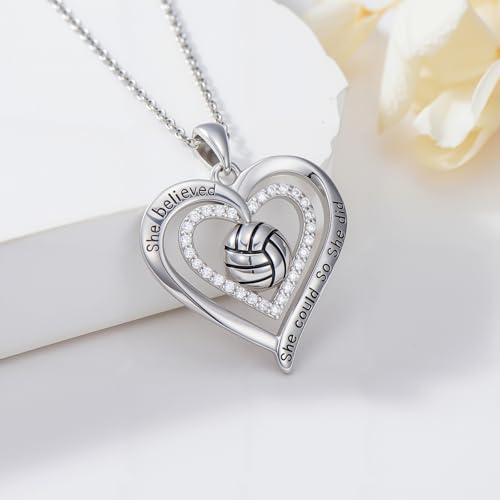 Sports Necklace 925 Sterling Silver Double Heart Softball/Volleyball/Soccer/Baseball/Basketball Pendant Sports Jewelry Birthday Christmas Gifts for Women3