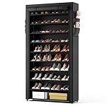 ROJASOP 10 Tier Shoe Rack with Covers,Large Capacity Stackable Tall Shoe Shelf Storage to 50-55 Pairs Shoes and Boots Sturdy Metal Free Standing Shoe Rack Organizer for Closet Entryway Garage