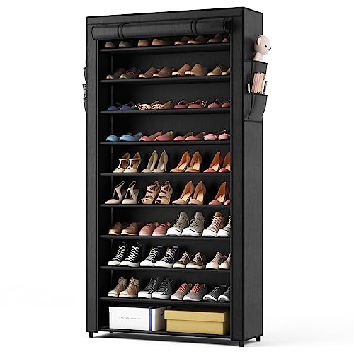 ROJASOP 10 Tier Shoe Rack with Covers,Large Capacity Stackable Tall Shoe Shelf Storage to 50-55 Pairs Shoes and Boots Sturdy Metal Free Standing Shoe Rack Organizer for Closet Entryway Garage