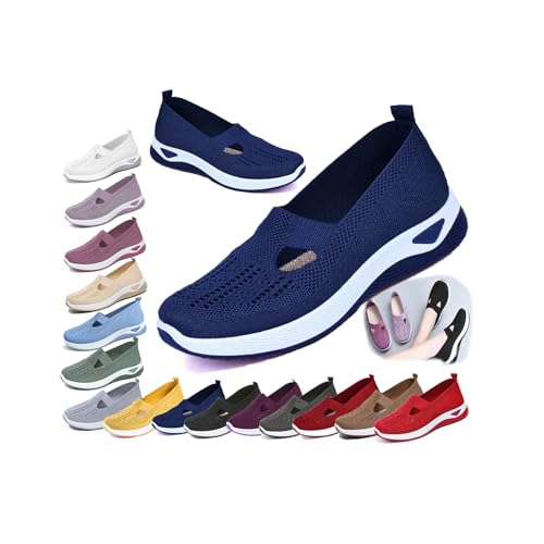 レディース整形外科用スリッポンシューズ 織りの快適なスニーカー、アーチサポート、ウォーキング用のソフトフォームソール、滑り止めカジュアルサマーシューズ (Blue, 大人, 22.5 cm, 数値, 日本の靴のサイズ寸法)