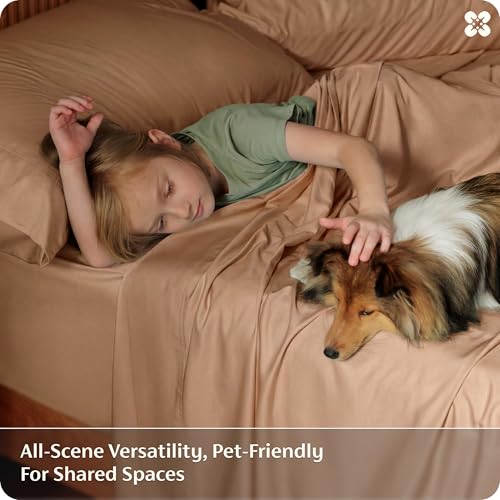 Image of Bedsure Full Size Bed Sheets, Cooling Sheets, Rayon Derived from Bamboo, PureWoven, Breathable & Soft, Deep Pocket Up to 16 Inches, Hotel Luxury Silky Bedding for Hot Sleepers, Khaki