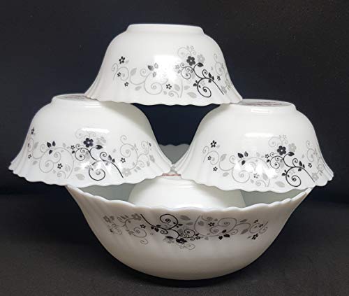 Image of Diva From La Opala Laopala Diva Mystrio Black Desert Set (White),5 Pcs, Opal Glass,Floral Serving Bowl Veg Bowl