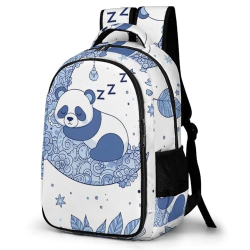 Men's Commuter Bag Large Travel Bag Portable Work Backpack With Double Zippers Blue And White Porcelain Moon Panda