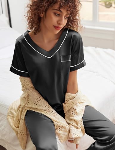 Image of Ekouaer Satin Pajamas for Women Short Sleeve Silk Pajama Sets Soft Sleepwear Top with Causal Long Pj Pant