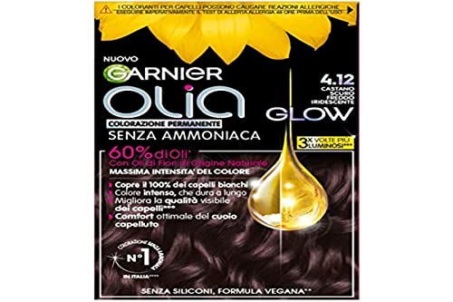Garnier Olia Glow - Coloración permanente sin amoníaco, cubre el 100% del cabello blanco, con aceites de flor de origen natural, fórmula vegana, castaño oscuro frío iridiscente