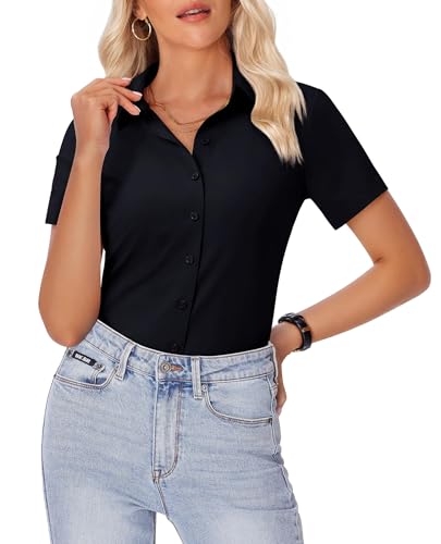 Image of siliteelon Womens Button Down Shirt Slim Fit Stretch Short Sleeve Dress Shirt Wrinkle Free Collared Business Work Blouse Top