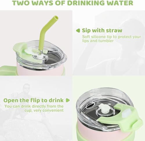 Image of MOOKA 1200ML Stainless Steel Tumbler Hot and Cold with Handle and Lid 2 Straw, Double Insulated Cup 100% Leak Proof Mug Cupholder for Gym, Travelling (Green White)