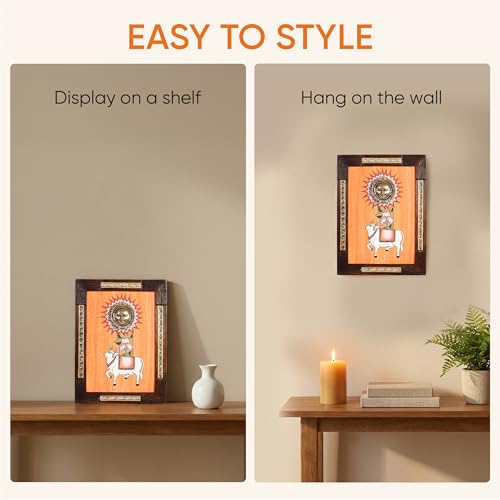Image of Nandi Wall Accent with beautiful painting of Nandi and Shiva in Brass in Backdrop | Handcrafted Wall Art for Home Decor & Office Spaces