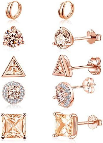4 Pairs 925 Sterling Silver Stud Earrings Sets For Women Rose Gold Cubic Zirconia Earrings Studs,Cartilage Hoop And Stud Earrings Hypoallergenic Earrings