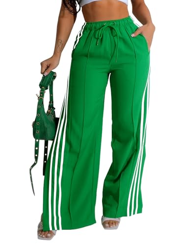 Angsuttc Wide Leg Pants Women Drawstring Side Split Sweatpants with Stripes Casual Elastic High Waist Long Pant