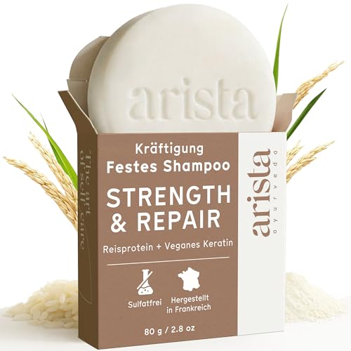 Arista Reiswasser Haarseife für gesünderes Haar, Festes Shampoo zur optischen Stärkung von brüchigem und strapaziertem Haar, Ohne Parabene und Sulfate, Vegan (80 g)