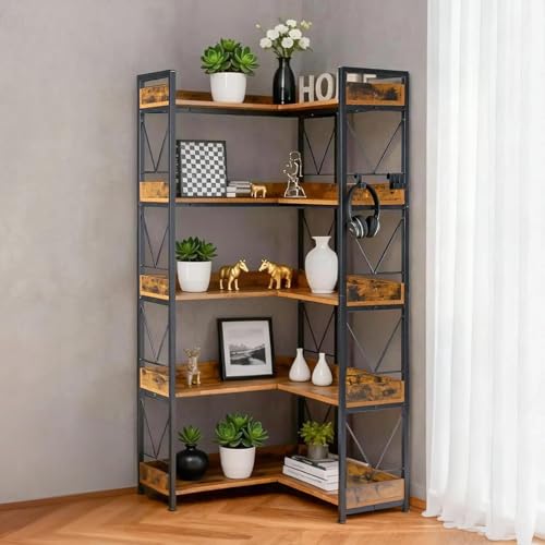 Image of DUMOS 65 inch L Shaped Bookshelf, 5 Tier Corner Bookcase with Hooks and Edge, Industrial Pantry Shelves with Metal Frame, Wooden Open Storage for Living Room, Home Office, Bedroom, Rustic Brown