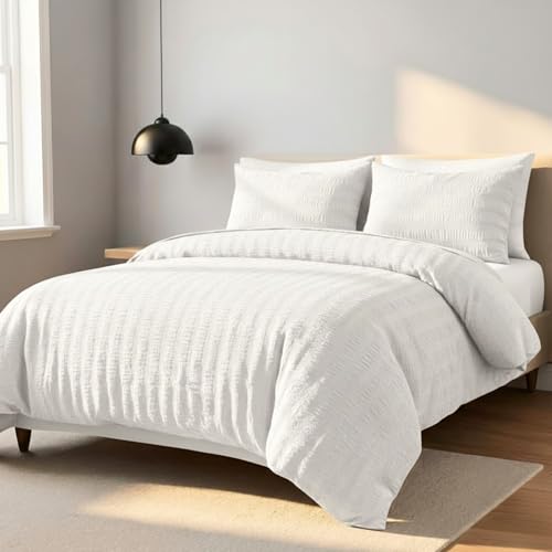 Z&A Homz Z&A Bedding Double Seersucker Duvet Cover White - Breathable & Washable Comforter with Pillowcases - Luxury Soft Brushed Microfiber Quilt Cover - Easy Care Comforter Set