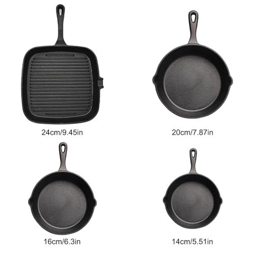 4-Piece Cast Iron Skillet Set - Pre-Seasoned Grill & Frying Pans for Steak, Eggs, and Cooking - Compatible with All Stoves (14cm, 16cm, 20cm, 24cm) - Image 3