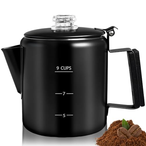Image of 9 Cup Percolator 304 Stainless Steel Coffee Pot Coffee Maker Coffee Machine with Solid Wood Handle Transparent Knob Stovetop Greca Mocha for Induction Home and Camping 1500ml 50.7oz Black