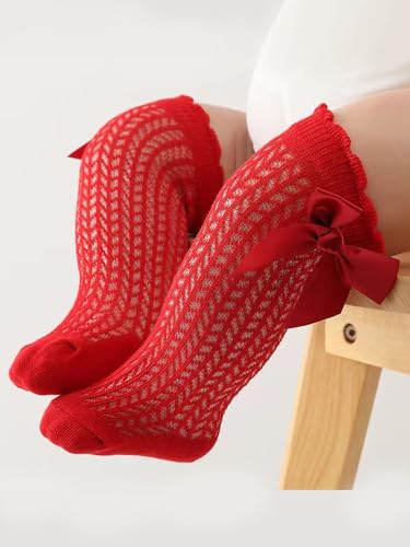 Cotton Mesh Socks for Baby Girls Knee High Sock with Bow Infant Toddler Summer Stocking Non-slip Long Dress Sock PWZ102