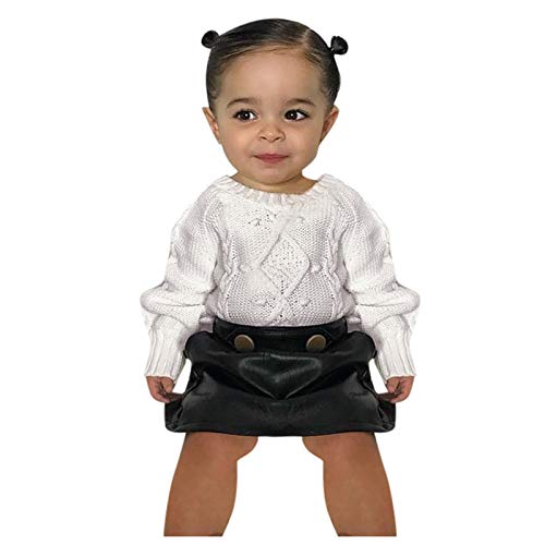 2Pcs Toddler Baby Girls Long Sleeve Sweater Knit Tops Button Pencil A-Line Leather Skirts Fall Winter Clothes (White, 1-2 T)