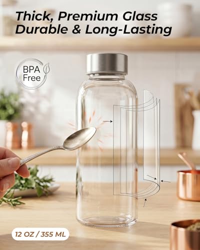 Image of Zukro Glass Water Bottles with Lids 12 oz, Reusable Clear Juice Bottles With Stainless Steel Airtight Cap for Juicing, 100% Leak Proof Juice Drinking Jar for Smoothie, Milk, BPA Free, Set of 4