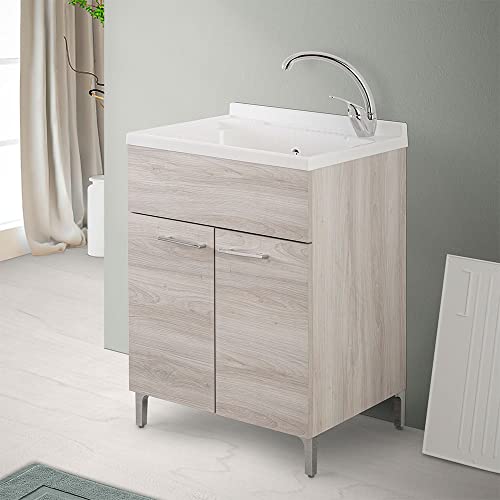 Inbagno Lavatoio con mobile e vasca in Resina resistente agli acidi, Completo di ASSE di Lavaggio e Kit sifone + piletta (60x50 cm 2 Ante, Rovere Grigio)