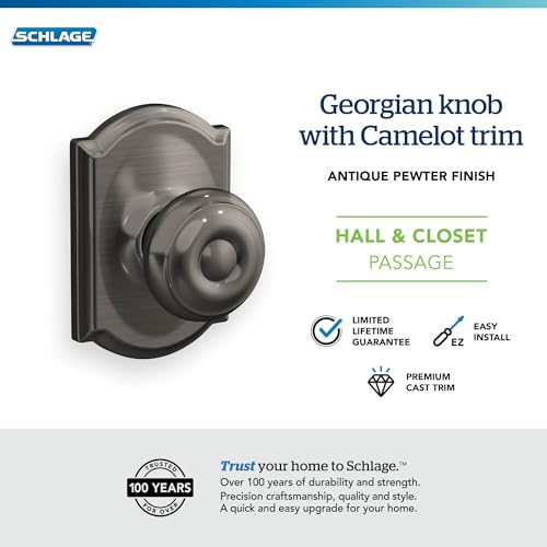 Image of SCHLAGE F10 GEO 620 CAM Camelot Collection Georgian Passage Knob, Antique Pewter