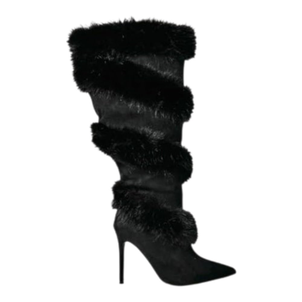 Liliana Women Fur knee high Stiletto Heel Furry boots with Side Zipper