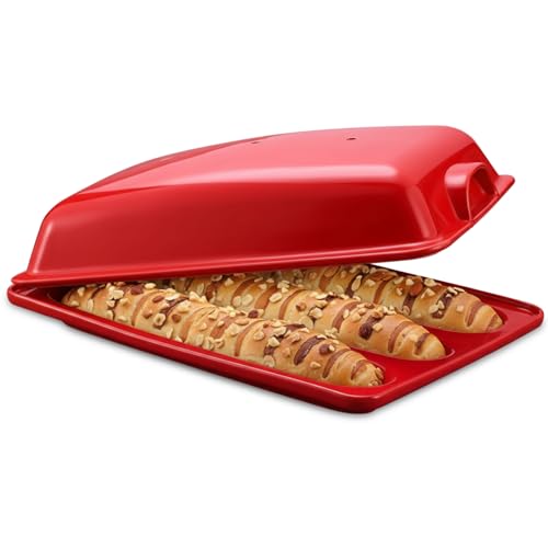 LemonRoad Baguette Bread Pan with Lid for French Bread, 3 Slot Ceramic Baguette Mold for Sub Rolls, Hoagie, Even Heating and Crispy Crusts, Unique Christmas Kitchen Gifts for Wife and Mother