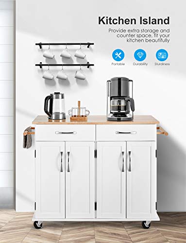 kealive Kitchen Island on Wheels Rolling Kitchen Island Cart with Storage, Handle Rack Rubber Wood Top Cabinet, White, 48.2L x 18.5W x 35.4H