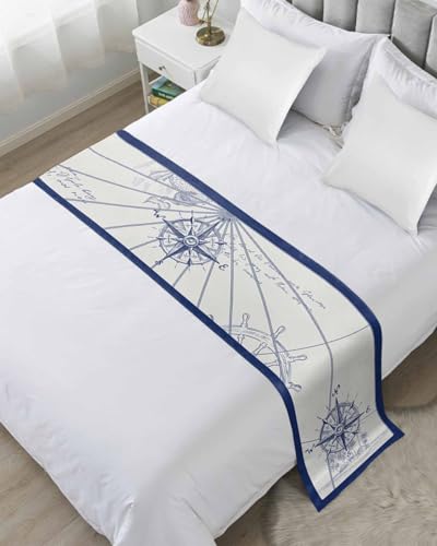 Nautical Compass Bed Runner Scarf Bedding Accessory For Queen Size Bed,Soft Bed Scarves And Runners Stainproof Dustproof Bedroom Wedding Protector,Retro Sailing Map Tropical Palm Tree Navy 94