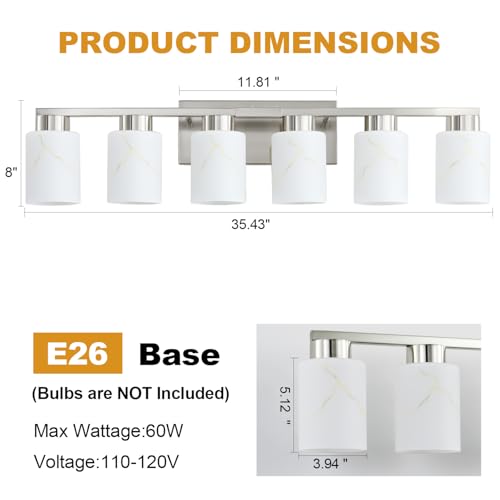 Image of 6-Light Bathroom Light Fixtures, Modern Vanity Lights, Brushed Nickel Metal Wall Lamp with White Marble Glass for Bathroom, Mirror, Living Room, Bedroom, Cabinet, Porch, Hallway, E26 Base