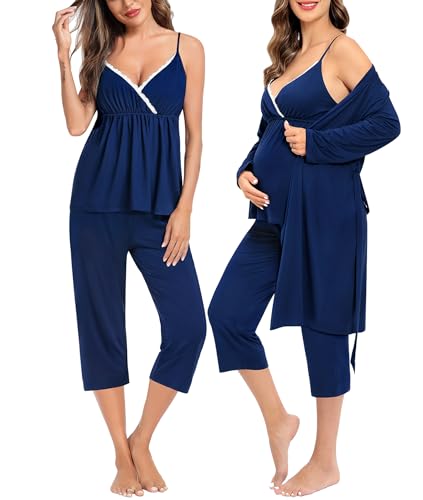 Image of SWOMOG Maternity Nursing Robe Set 3 PCS Breastfeeding Pajamas Set 3 in 1 Labor Delivery Pregnancy Pjs Capri Pants