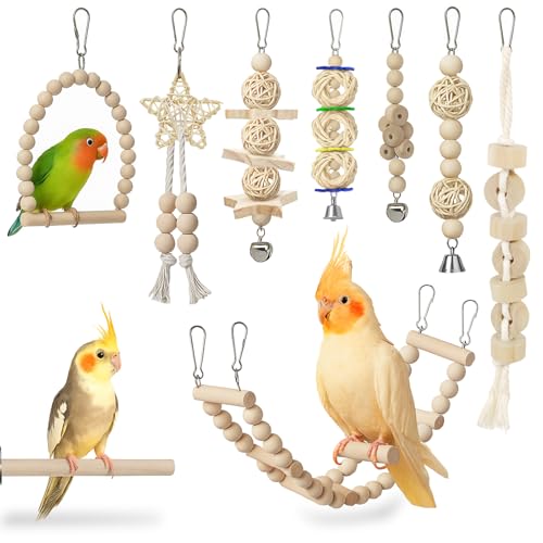 Jiaoshou Pan 9 Piezas Juguetes para Pájaros, Juguetes para Loros con Columpio, Escalera, Campana y Juguete de Masticación para Periquitos, Agapornis, Pinzones y Ninfas (Madera)