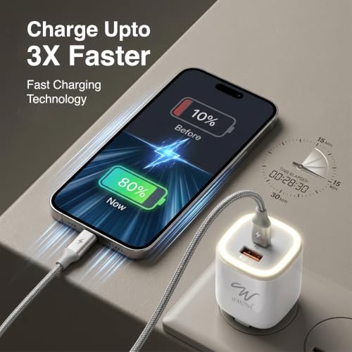 Image of 30W Fast Charger | USB C PD Wall Adapter + QC 3.0 USB A | Adjustable Night Light with Dual Port Charging | Compatible with iPhone 17,16 /15 /14 /13,Samsung Galaxy S26 /S25 /S24 /S23,OnePlus, MI & Android
