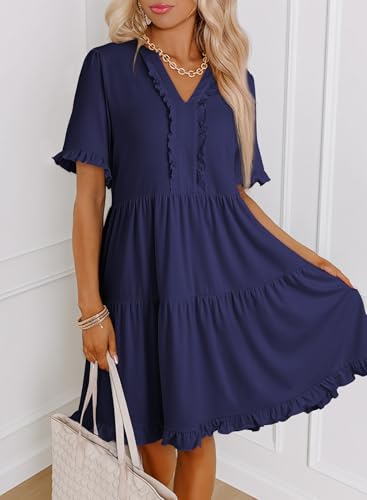 Image of Dokotoo Womens Summer Dresses 2026 V Neck A Line Short Sleeve Casual Ruffle Babydoll Mini Dress