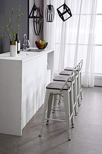 Modern Industrial Metal Bar Stool Counter Height Stools [Set of 4] Stackable Dining Chair (24\", Low Back White Wooden Seat) - Thumbnail 3
