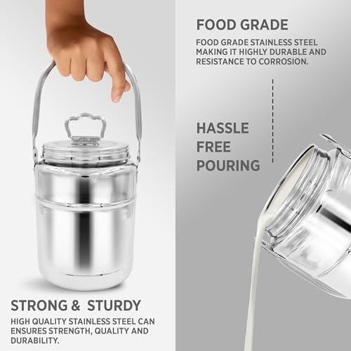 Image of Dhara Stainless Steel 2700 ml Dolchi Oil & Milk Container with Lid, Jointless One Piece Storage Pot with Screw Lid and Handle