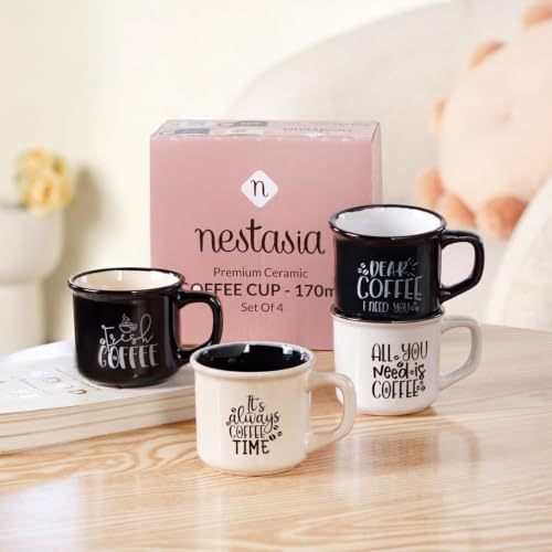 Image of Nestasia Ceramic Stackable Cups Set of 4 (170ml Each) - Quirky Quotes Tea & Coffee Cups with Glossy Finish | Microwave & Dishwasher Safe Mugs - Ideal for Gifting (Black & White)