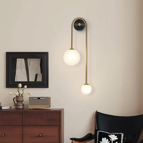 Image of Globe Glass Wall Sconce, 2-Lights Gold Modern Brushed Brass Wall Mount Light, Mid Century Beside Wall Lamp with Glass Shade for Loft Living Room Bedroom