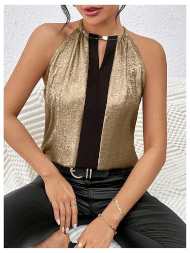 SOLY HUX Women's Metallic Sleeveless Shirts Color Block Halter Neck Tunic Top Party Club Blouses4