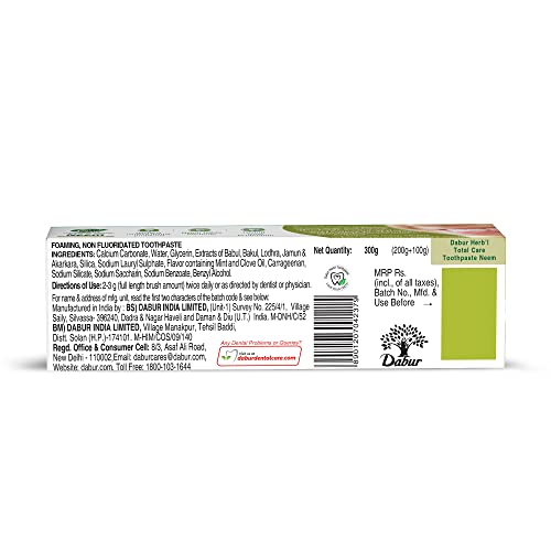 Image of Dabur Herb'l Neem Germ Protection Toothpaste - 600g (200g + 100g x Pack of 2) | Fights Bacteria | No Added Flourides & Parabens | Complete Oral Care
