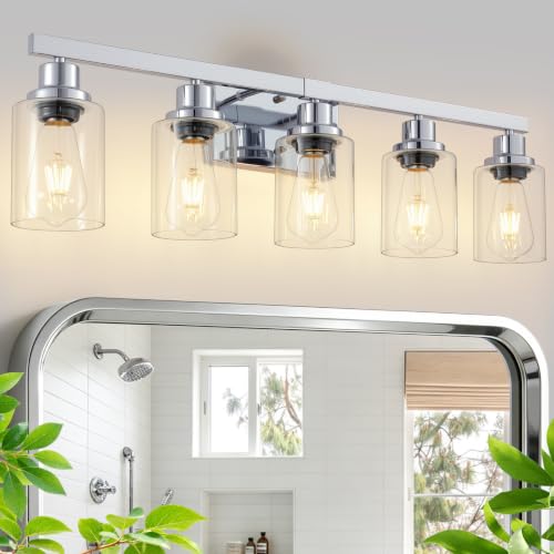 Image of DIKADIA 5-Light Chrome Bathroom Vanity Light Over Mirror 30 inch Bathroom Light | Polished Chrome,Modern Vanity Lighting Fixture,Farmhouse Wall Sconces with Clear Glass Shade,Wall Light Over Mirror Sink