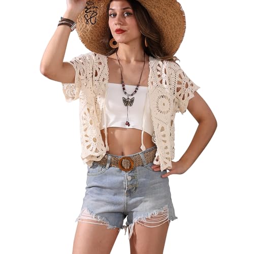 Women's Short Sleeve Open Front Boho Hollow Out Crochet Cardigan Shrug Sweater2