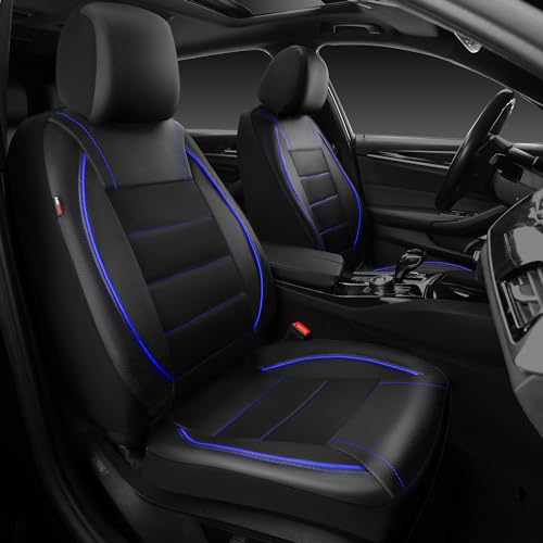 CAR PASS Universal FIT Piping Leather Two Front Seat Covers Waterproof Faux Leather for SUV Sedan Van Truck Airbag Compatible Reserved Opening Holes for Headrest Covers. (Black and Blue)
