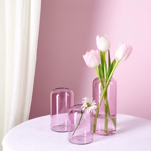 Image of ZENS Bud Vases Set of 6, Pink Clear Small Glass Vase for Flowers. Modern Hand Blown Cylinder Glass Vase for Wedding Reception Centerpieces Living Room Decorative.