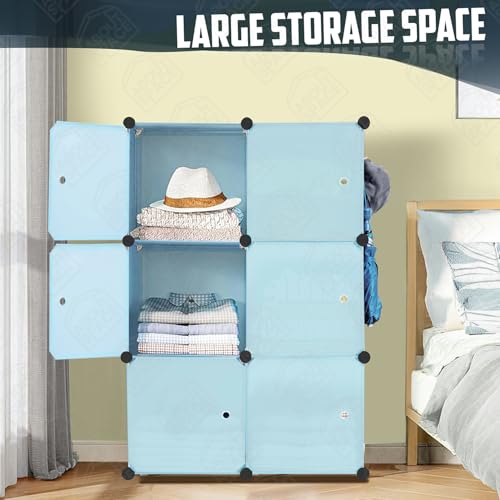 Image of ABOUT SPACE Professional Collapsible Wardrobe - DIY 6 Cube Plastic Almirah for Clothes with Side Hanger, Door Magnet & Hamer- Durable, Foldable Wardrobe for Storage |Non-Slip Storage Organizer - Blue