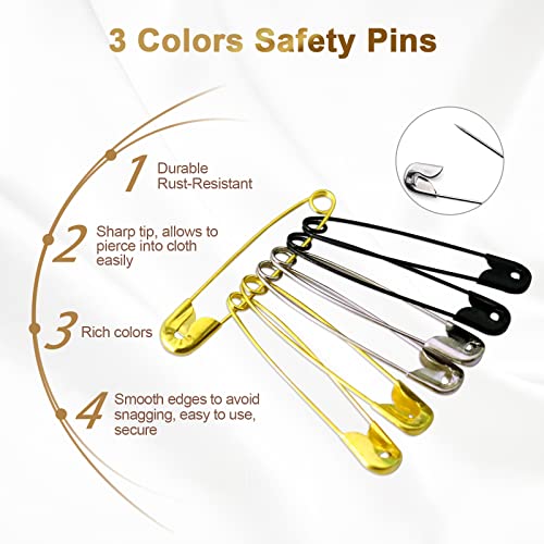 Redamancy 540 Pcs Premium Safety Pins, 4 Sizes Rust Resistant Safety Pins, 3 Colors Safety Pins For Clothes, For Clothes, Crafts, Sewing, Dressmaking, With Storage Box, Gold Silver Black #TOP3