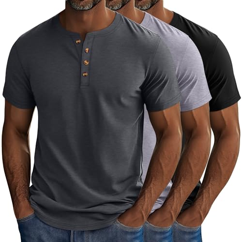 Riyiper 3 Pack Men's Big and Tall Henley T-Shirts Cotton Short Sleeve Oversized Basic Tops Loose Fit Casual Summer Button Tee