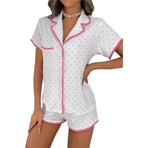 COZYEASE Womens Silky Pajamas Set Heart Print 2 piece Sleepwear Short Sleeve Button Down Shirt with Shorts White Cover