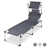 [page_title]-Sekey Aluminium klappbare Sonnenliege mit Dach, Gartenliege mit Kissen für Balkon, Garten, Terrasse, Innen- und Außen, 220 x 71 x 37 cm, Grau, Gewichtskapazität 120 kg